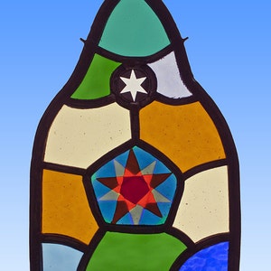 Ster gebrandschilderd glas in lood, raamhanger, star stained glass,organic stained glass, suncatcher, kilnfired, unica, waldorf art glass