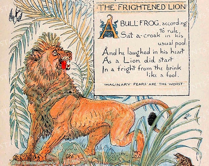 Walter Crane ceramic decals, Fables ceramic decal, Frightened Lion, image transfers, decals glass, decals for ceramics, decals enamelling