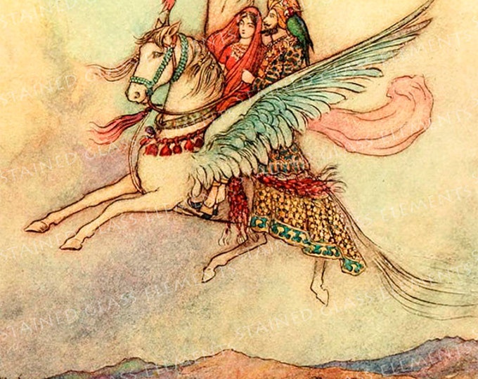 Warwick Goble ceramic decal, 10 x 10cm (3.94 x 3.94 inch), firing temperature 760-850 ºC (1400-1562 ºF), flying horse decal, princess, India
