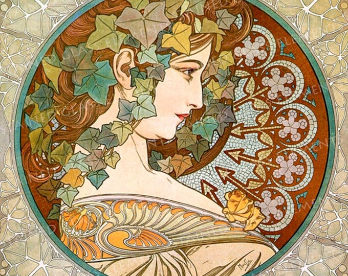 Mucha ceramic decals, Alphonse Mucha, art nouveau ceramic decals, image transfers, Mucha Ivy, Ivy, decals glass, decals ceramics, enameling