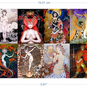 May include: A collage of nine colorful illustrations featuring various figures and scenes. The illustrations include a woman with a crown, a winged figure holding a sword, a woman standing on a cloud, a woman riding a seahorse, a woman dancing on a sphere, a couple embracing, and a figure with a red cloak and a sword.