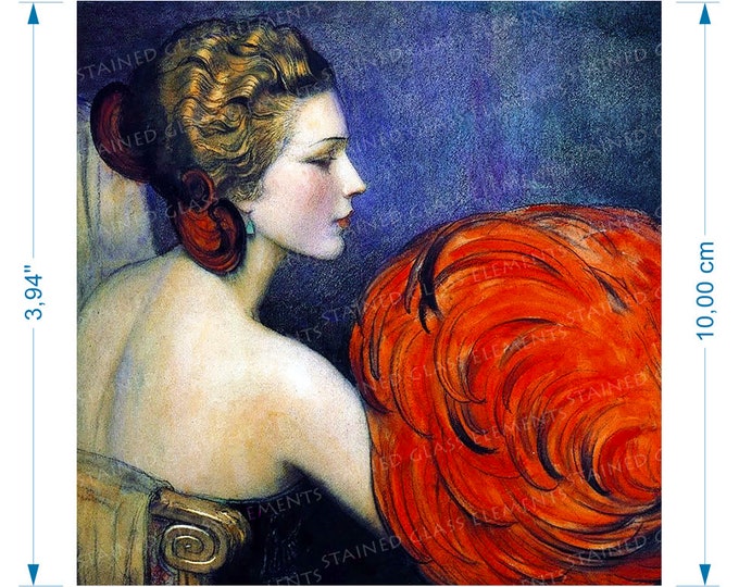 Art deco ceramic decal portrait of exotic young lady with red feathers fusible transfer for ceramics glass fusing tiles and enameling copper