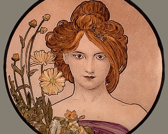 Mucha, Le Printemps, Mucha kilnfired glass medallion, Mucha stained glass, Mucha suncatcher, Mucha kilnfired stained glass, spring