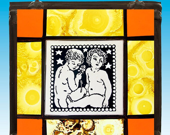Gemini stained glass suncatcher, Gemini suncatcher, zodiac signs, Gemini stained glass, silverstain, kilnfired stained glass, birthday gift