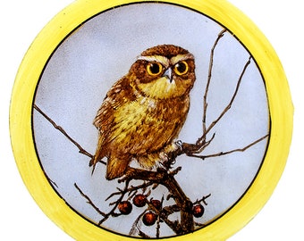 Owl stained glass roundel kilnfired handpainted bird victorian style and vintage look vitreous paints and silver stain a beautiful gift idea