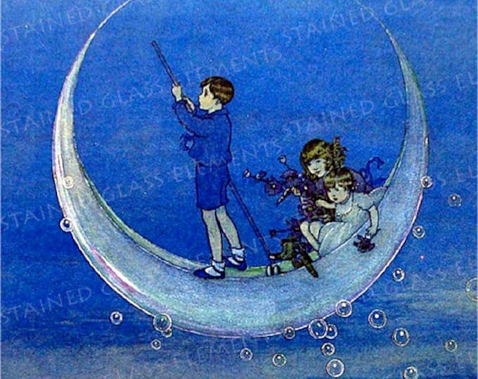 Moonchildren ceramic decal, moon ceramic decal, size 10 x 10cm (3.94 x 3.94 inch), firing temperature 1400-1562 ºF, fairy tales, moon, blue