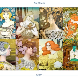May include: A collage of nine vintage art nouveau illustrations featuring women with floral motifs. The images are in shades of yellow, green, brown, and orange. The collage measures 5.91 inches by 3.94 inches.