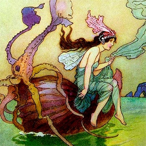 May include: A fairy with pink and blue wings sits on a large, colorful, octopus-like creature. The fairy is wearing a pink and white crown and a blue dress. The creature is in the water, with green and blue waves behind it.