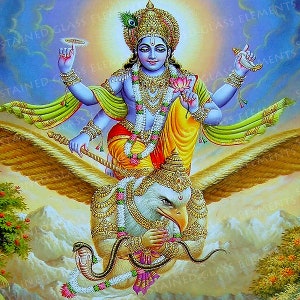Peut inclure: Une peinture colorée représentant une divinité hindoue, Vishnu, chevauchant un oiseau mythique, Garuda. Vishnu a la peau bleue et quatre bras, tenant une conque, un disque, une fleur de lotus et une massue. Garuda est un oiseau doré avec un visage humain et un serpent enroulé autour de son cou. La peinture est sur fond de nuages et de montagnes.