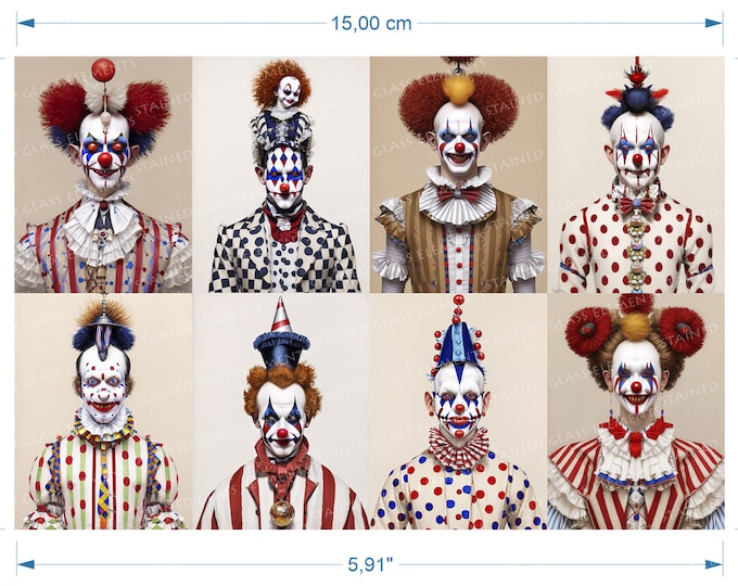 Evil Clown ceramic decals fusible transfers for ceramics glass fusing enameling firing 1400-1562 ºF, 750-850ºC Horror Killer AI
