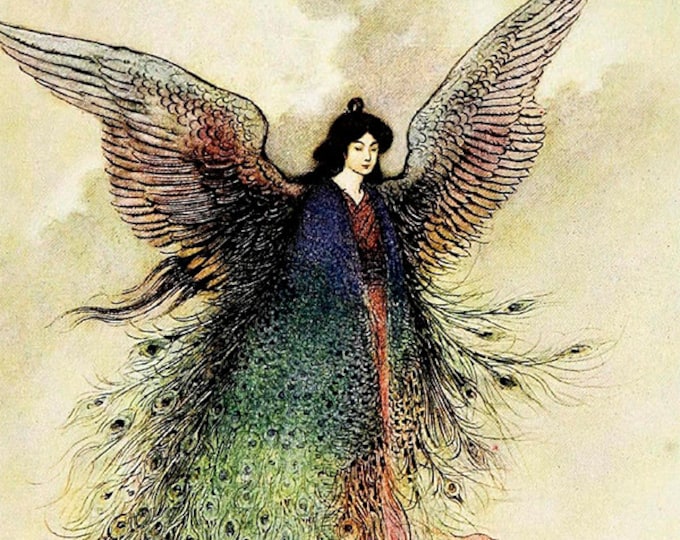 Warwick Goble ceramic decal, 13,5 x 13,5cm (5.31 x 5.31 inch), firing temperature 760-850 ºC (1400-1562 ºF), Fairy And Peacock ceramic decal