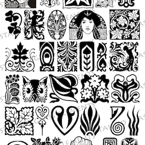 Könnte beinhalten: Eine Sammlung von Schwarzweißillustrationen mit verschiedenen floralen, geometrischen und abstrakten Designs. Die Illustrationen sind im Vintage-Stil gehalten und eignen sich perfekt für die Verwendung in Scrapbooking, Kartenherstellung oder anderen Bastelprojekten.