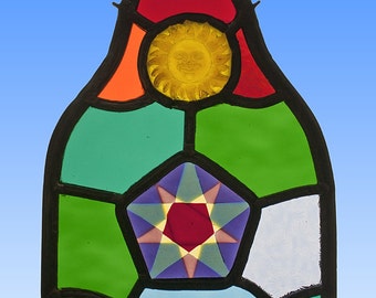 Zon en Ster, gebrandschilderd glas in lood, raamhanger, sun stained glass, star, stained glass, suncatcher, kilnfired, unica, art glass