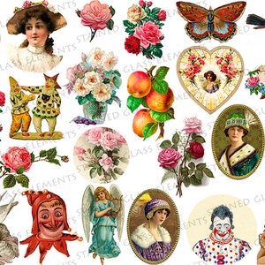 Peut inclure: Une collection d'illustrations vintage représentant divers sujets, notamment des anges, des clowns, des papillons, des oiseaux, des fleurs et des personnes. Les illustrations sont de styles et de couleurs variés et sont toutes sur fond blanc.