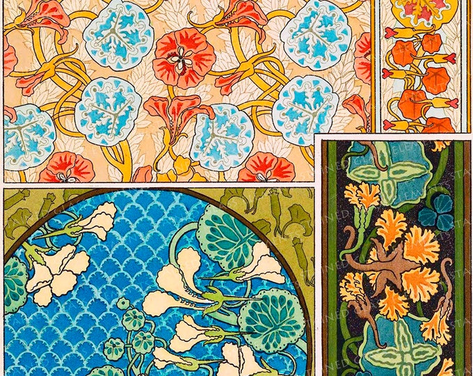 Floral Art Nouveau motifs Ceramic decal fusible transfers for decoration of ceramics glassfusing glass tiles and enameling botanical vintage