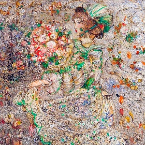May include: A painting of a woman in a green dress and hat holding a bouquet of pink and white roses. The background is a light grey with a pattern of flowers and leaves.