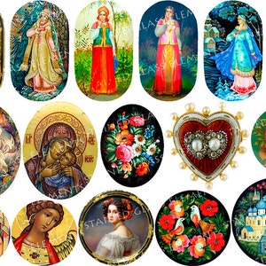 May include: A collection of decorative glass art pieces featuring various designs. The pieces include painted portraits, religious icons, floral patterns, and a heart-shaped brooch with pearls. The color palette includes reds, blues, and golds.
