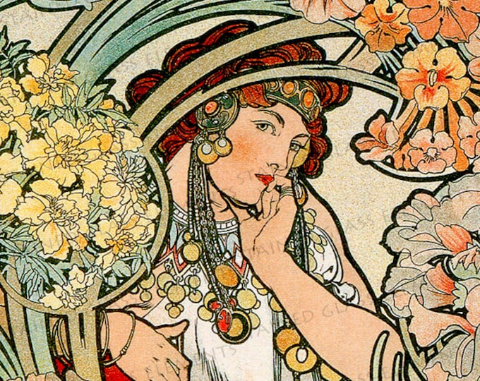 Mucha ceramic decals, Alphonse Mucha, art nouveau ceramic decals, image transfers, Mucha, flowers, decals glass, decals ceramics, enameling