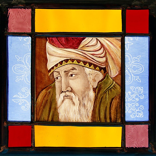 Rumi stained glass, Rumi, Rumi suncatcher, kilnfired stained glass, Mevlana Rumi, spiritual stained glass, poet, sufi, unique suncatcher