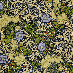 May include: A vintage floral pattern wallpaper with a dark blue background, featuring a repeating design of stylised flowers, leaves, and vines in shades of green, yellow, and purple.