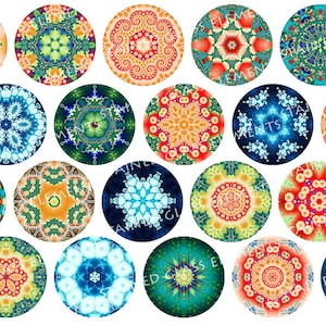 Puede incluir: Una colección de veintiún diseños de mandala circulares y coloridos. Cada mandala presenta patrones intrincados y colores vibrantes, incluyendo rojo, azul, verde y naranja. Algunos círculos tienen texto en los bordes.