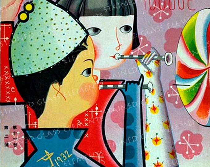 Ceramic decal children, old illustration, size 3.94 x 3.94 inch, firing temperature 1400-1562 ºF, ceramic transfer, japanese illustration