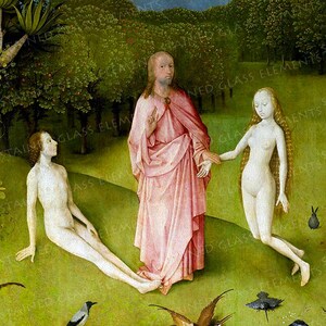 May include: A painting depicting a scene from the Garden of Eden. A man and woman stand in a lush green landscape with trees and birds. The man is wearing a pink robe and the woman is nude. The painting is attributed to the Early Netherlandish painter, Hieronymus Bosch.