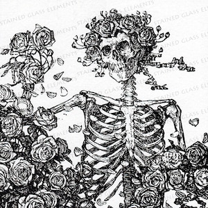 May include: A black and white illustration of a skeleton wearing a crown of roses. The skeleton is surrounded by roses and rose petals.