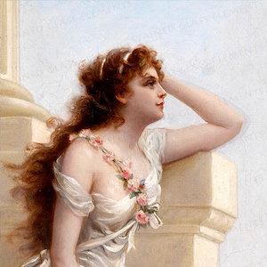 May include: A painting of a woman with long brown hair wearing a white dress with a floral garland. She is leaning against a white pillar and looking off to the side.