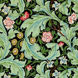 May include: A seamless pattern featuring a repeating design of stylised green leaves, pink and white flowers, and yellow flowers on a black background.