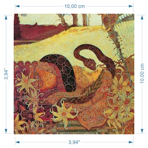 May include: A colorful illustration of a snake wrapped around a woman's body. The image is set against a background of flowers and intricate patterns. The snake is black with a yellow and orange pattern. The woman's body is covered in a red and gold patterned fabric. The image is 10 cm by 10 cm.