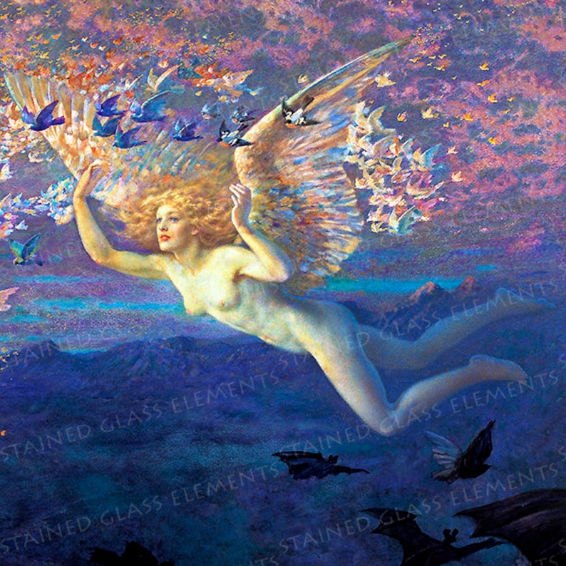 Puede incluir: Una pintura de una mujer con alas volando por el aire. Tiene el pelo largo y rubio y lleva un vestido blanco. El fondo es un cielo morado y azul con estrellas. Tambi&eacute;n hay murci&eacute;lagos volando en el cielo.