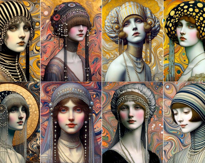 Mysterious Women Portraits Ceramic Decal Sheet – 8 Fusible Transfers for Glass & Pottery, Fantasy, Renaissance, Enameling, Kiln-Fired Art