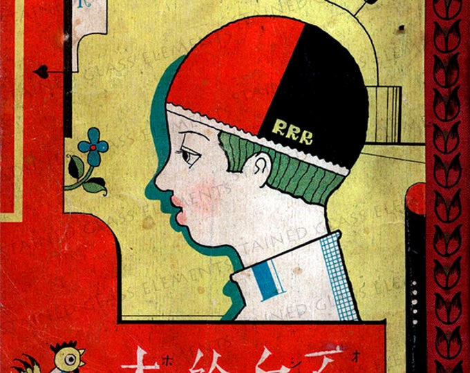 Ceramic decal children, old illustration, size 3.94 x 3.94 inch, firing temperature 1400-1562 ºF, ceramic transfer, japanese illustration