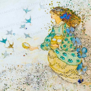 May include: A watercolour painting of a woman with long blonde hair wearing a green dress with blue flowers. She is holding a jar of honey in her hands and looking to the left. There are birds flying in the background.
