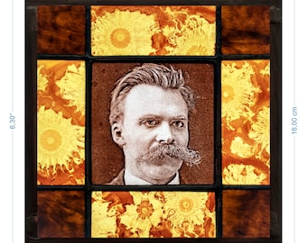 Nietzsche suncatcher kilnfired stained glass Friedrich philosopher portrait handpainted window decoration amazing gift glasmalerei vitrail