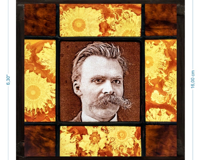 Nietzsche suncatcher kilnfired stained glass Friedrich philosopher portrait handpainted window decoration amazing gift glasmalerei vitrail