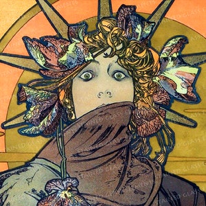 May include: A vintage art nouveau style illustration of a woman with large green eyes, wearing a brown scarf and a floral headdress. The background is a sunset with a golden starburst.