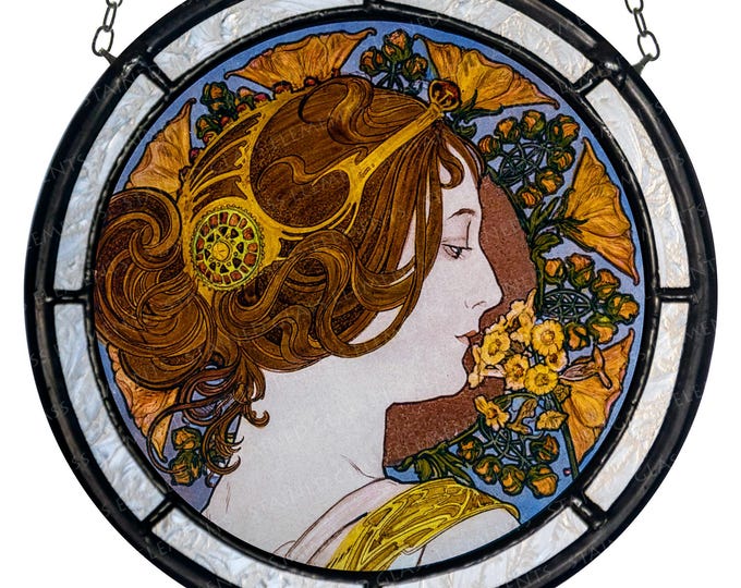 Mucha stained glass medallion - kiln-fired glass art - Primrose suncatcher - Art Nouveau decoration gift jugendstil vitráž - 彩色玻璃