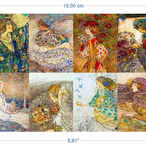 May include: A collage of nine vintage illustrations featuring women in various poses and settings. The illustrations are done in a watercolour style with a focus on detail and delicate features. The women are depicted in a variety of clothing styles, including dresses, gowns, and hats. The illustrations are set against a backdrop of nature, including flowers, trees, and birds.
