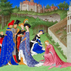 May include: A medieval painting depicting a group of people in a garden setting. The figures are dressed in colorful robes and are engaged in conversation. The background features a castle and a river.