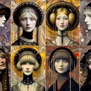 Peut inclure: Huit portraits de femmes portant des chapeaux et des bijoux ornés, sur un fond tourbillonnant et coloré. Les femmes ont la peau pâle et l'œuvre d'art a une esthétique vintage, inspirée de la Renaissance. Les portraits sont dans un format de grille.