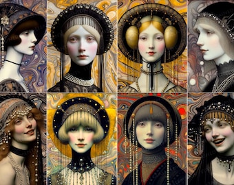 Fantasy Renaissance Ceramic Decal Sheet – 8 Fusible Transfers for Glass & Pottery, Elegant Women Portraits, Enameling, Kiln-Fired Art