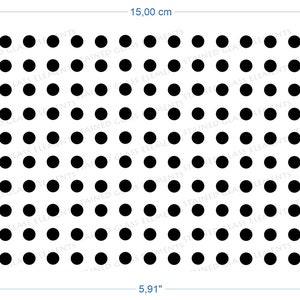 May include: A white sheet with a grid of 49 black circles, measuring 5.91 inches by 3.94 inches. The sheet is 15.00 centimeters by 10.00 centimeters.
