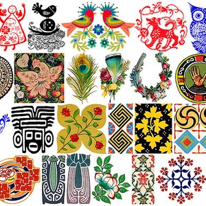 Pode incluir: Uma coleção de 25 desenhos coloridos e intrincados que apresentam vários padrões, símbolos e motivos. Os desenhos incluem uma caveira com acentos florais, um pássaro com um fundo floral, uma pena de pavão, uma ferradura com flores, uma mão em um círculo e muitos mais.