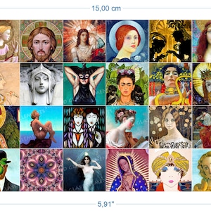 Puede incluir: Una obra de arte rectangular con 28 pequeñas imágenes coloridas de pinturas y retratos famosos. La obra mide 15,00 cm de ancho y 10,00 cm de alto. Las imágenes incluyen figuras religiosas, retratos y representaciones artísticas.