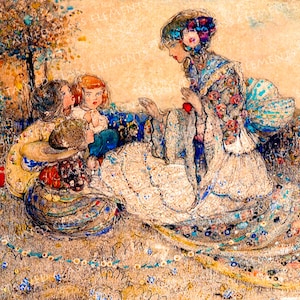 May include: A watercolour painting depicting a woman in a white dress with floral embellishments, seated with three children. The woman is holding a red apple in her hand. The children are dressed in colourful clothing and are looking at the woman. The background is a soft, golden hue with a tree on the left side of the image.