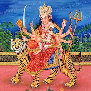 May include: A colorful painting depicting a Hindu goddess, Durga, riding a tiger. She has multiple arms, each holding a different weapon or symbol. The background is a blue sky with green trees.