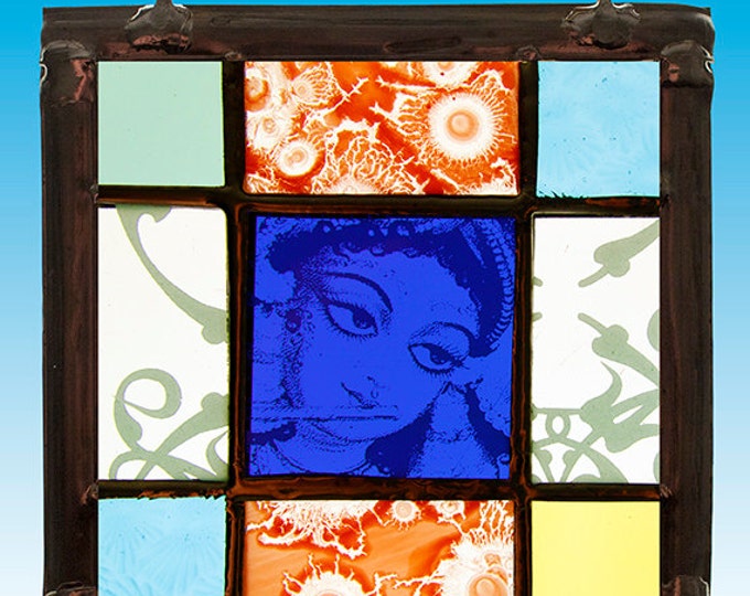 Krishna stained glass, Krishna suncatcher, kilnfired stained glass, Krishna, Krishna vitrail, stained glass, small stained glass suncatcher