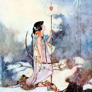 Könnte beinhalten: Ein Aquarellbild einer geflügelten Figur mit Bogen und Pfeil, die auf einer Wolke steht und einen Stab mit einem Herzen an der Spitze hält. Die Figur trägt ein fließendes Gewand und hat langes dunkles Haar. Der Hintergrund ist in sanftem Blau und Weiß gehalten.